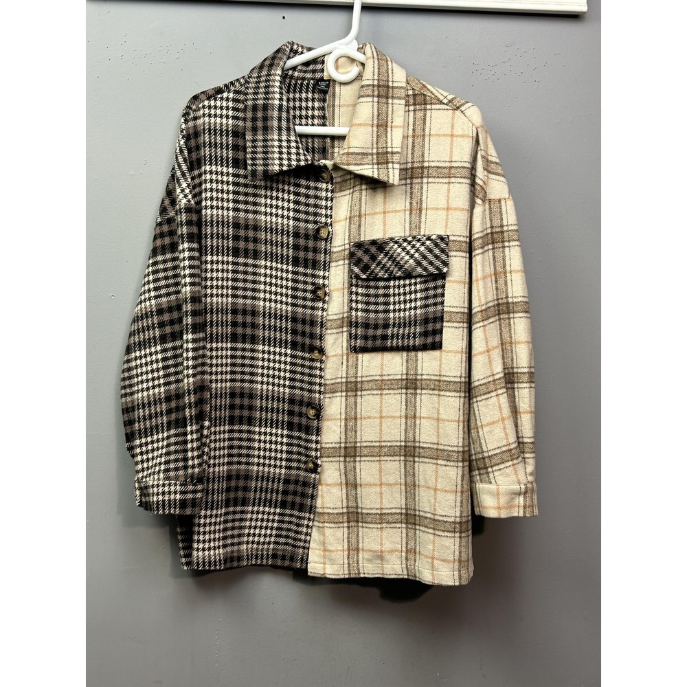 Shein Curve Shirt Womens 1XL Brown Cream Plaid Houndstooth Colorblock Shacket